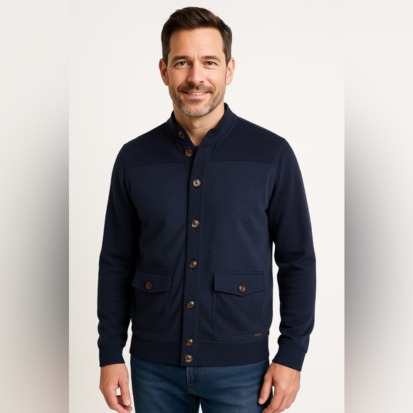 Ted Baker Mens Waltar Cardigan Sz 5 US XL Navy Blue Cotton Pockets Quiet Luxury